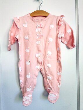 Swan print footed sleeper with ruffles & ballet slipper feet (light pink)